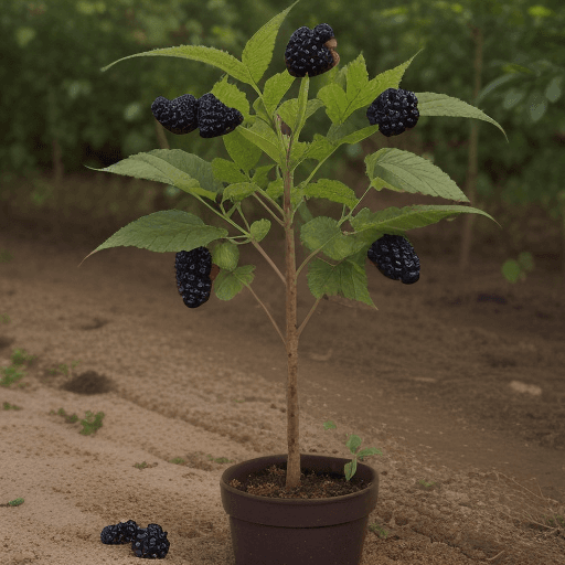 AI generated: High resolution image of a blackberry plant growing from the ground with some foliage on the canes. ...