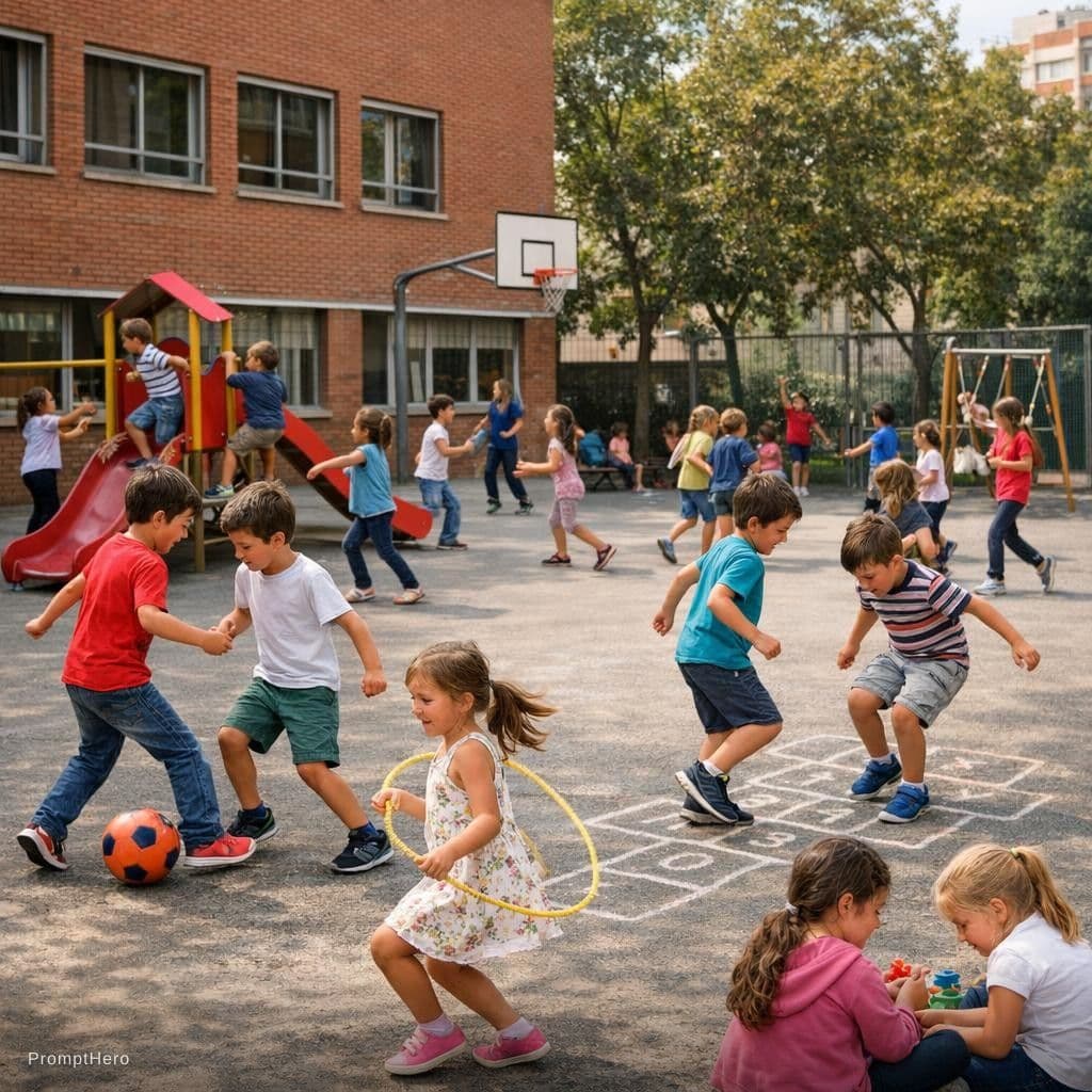 AI generated: nens jugant al pati de l'escola

