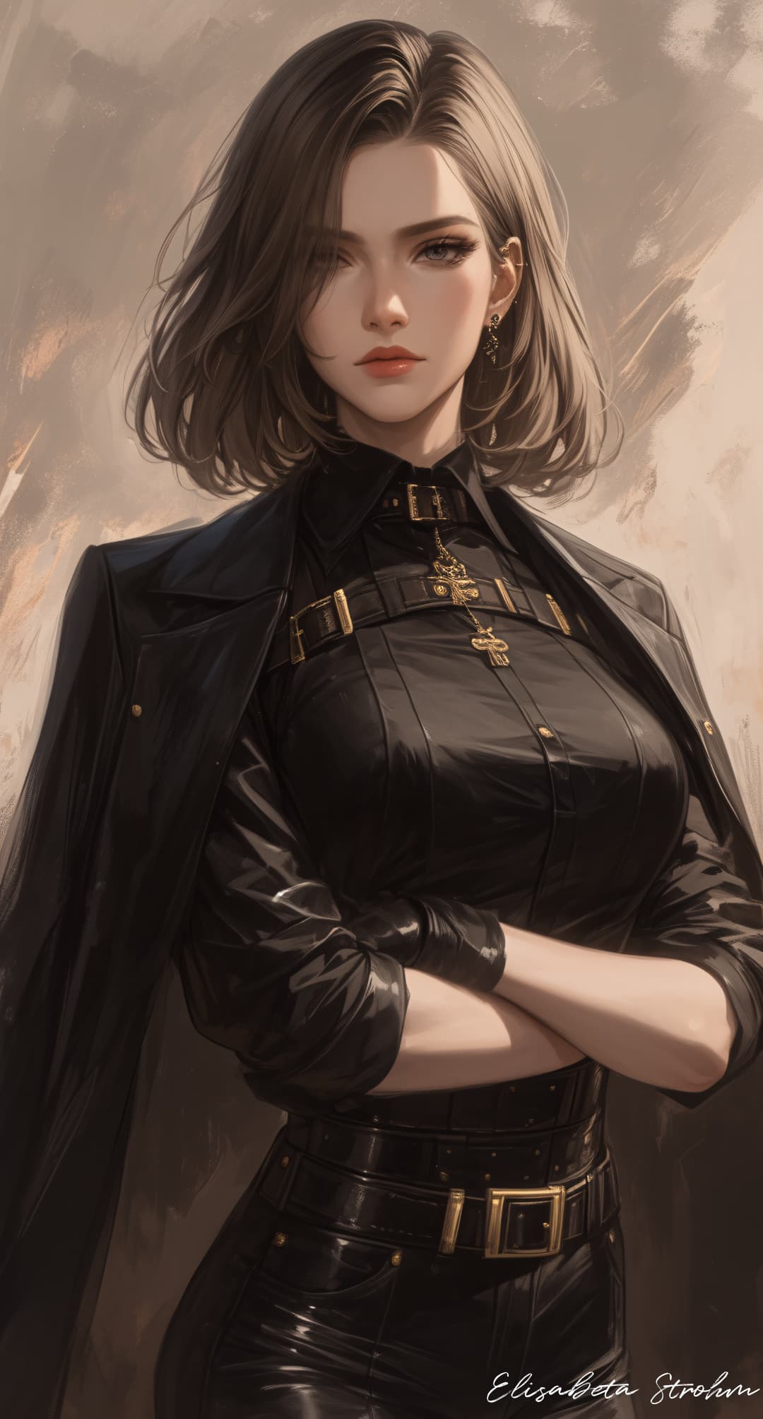AI generated: An artist's rendering of a woman dressed in black leather, in the style of anime art, 32k uhd, light...