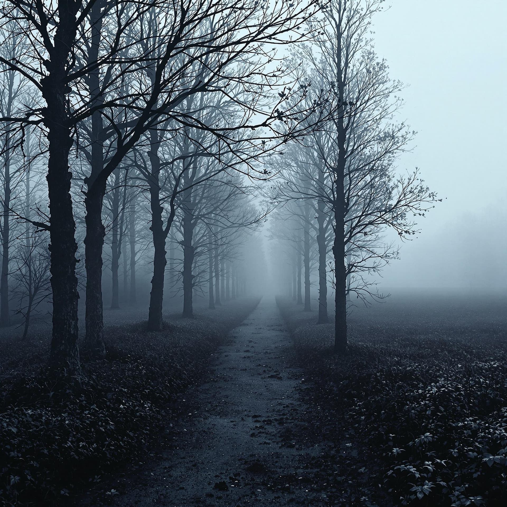 AI generated: High resolution photography trail of trees. dark gray and blue, mist, moody,gloomy, hi resolution 8k...