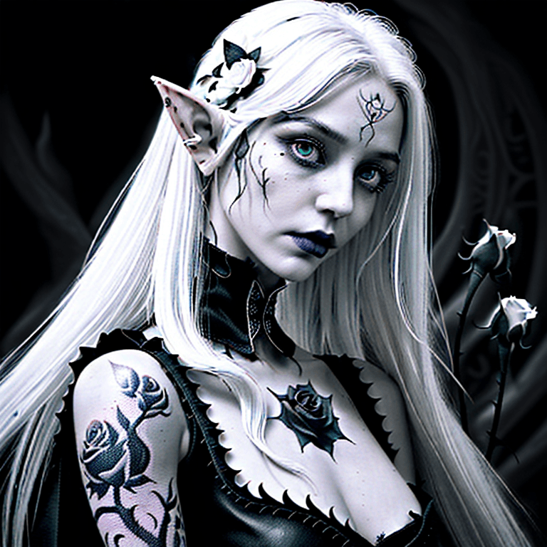 AI generated: Beautiful witch, long flowing retro hair, flowers, roses, tattoos, eerie, pretty, magic, magical, ep...
