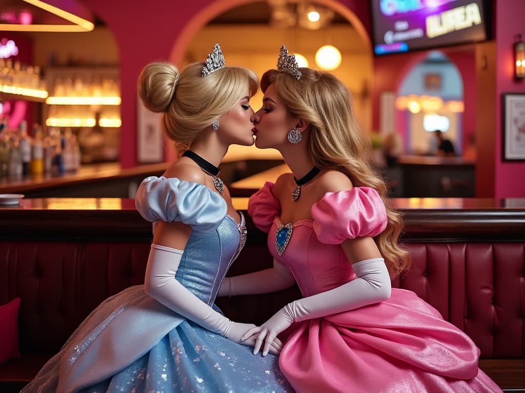 AI generated: Princess Peach leaning into Disney Cinderella in a bar decorated like the Barbie movie, Real Life Ph...