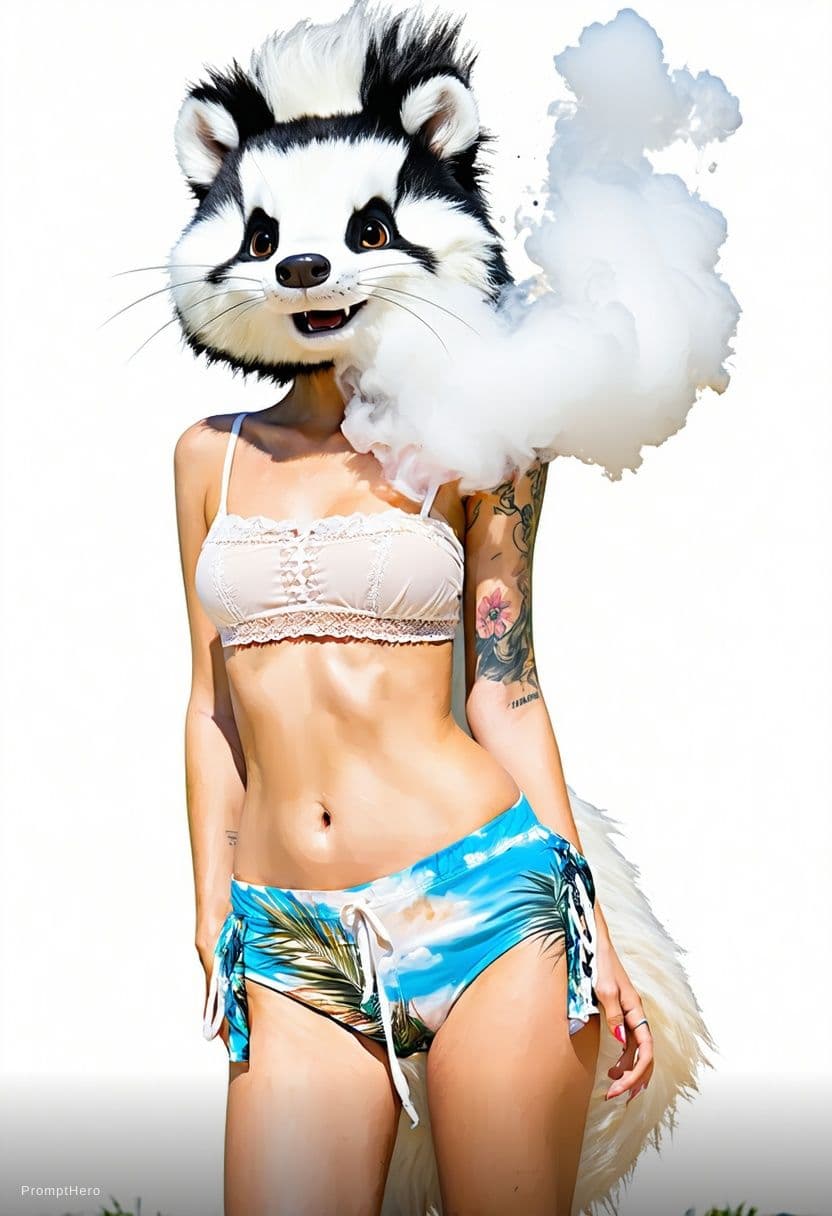 AI generated: Sat on and swallowed whole by the giant Farting skunk in a bikini at the beach 