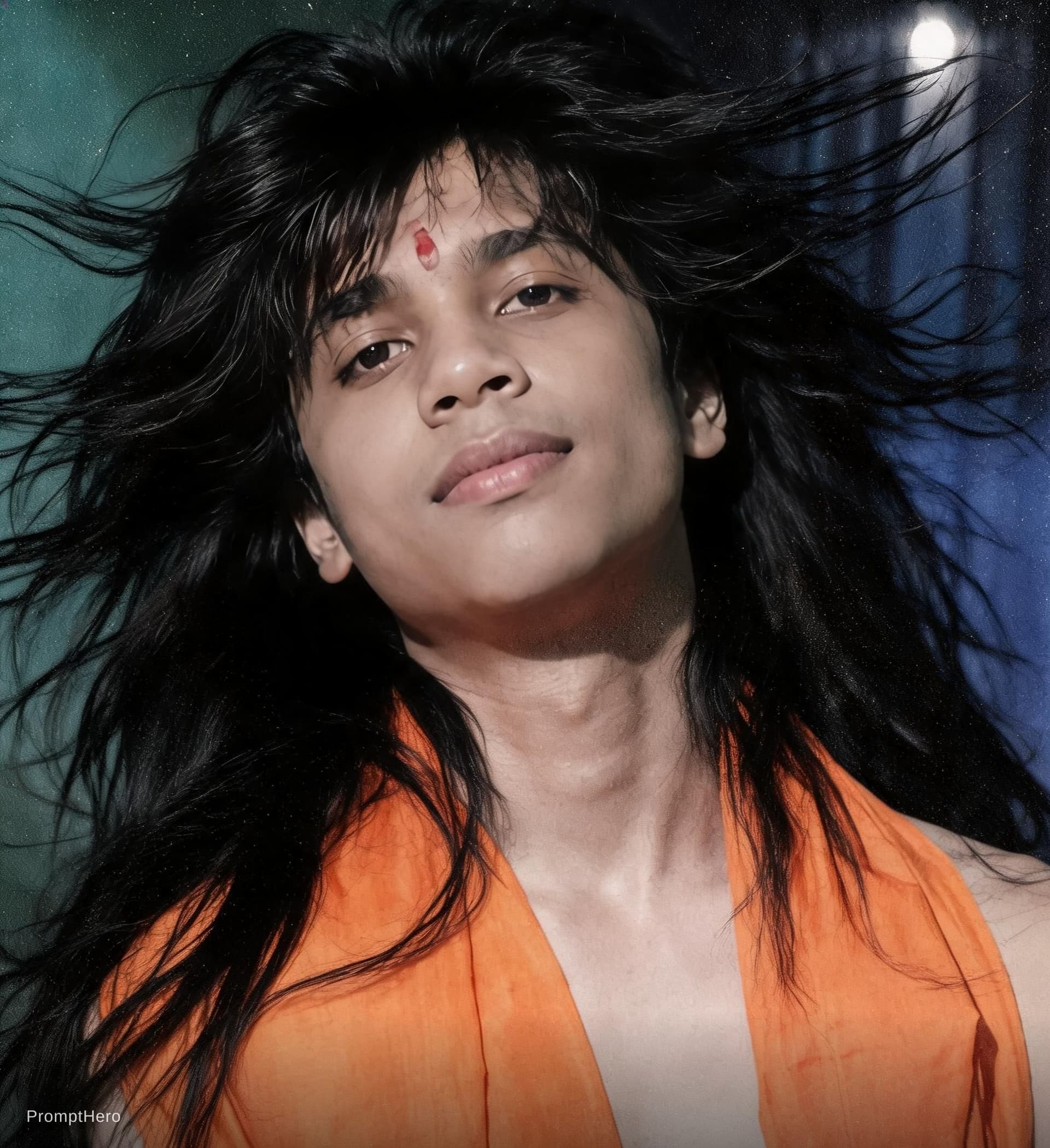 AI generated: a man with long wild hair on a windy day, in the style of toy camera effects, haunting elegance, fro...