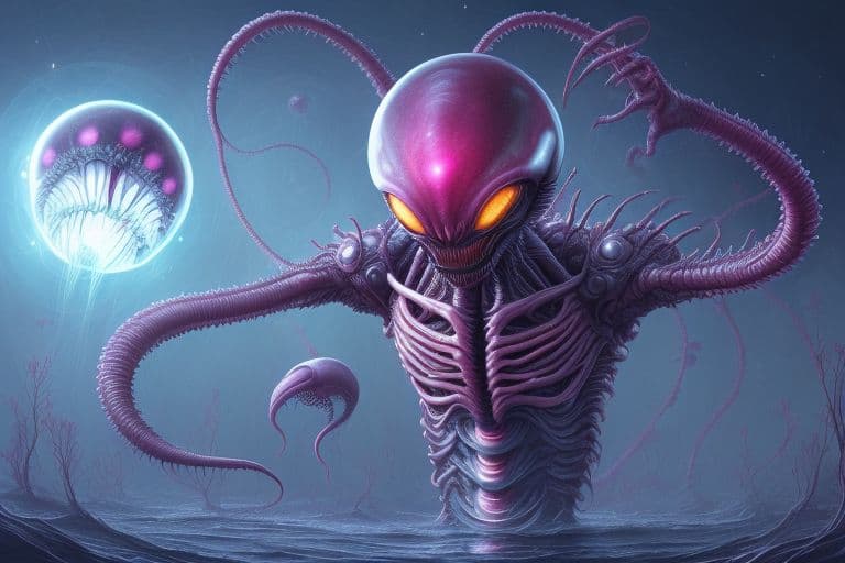 AI generated: alien world, creeping, hypermile, a strange creature from the interweaving of long fluffy threads, g...