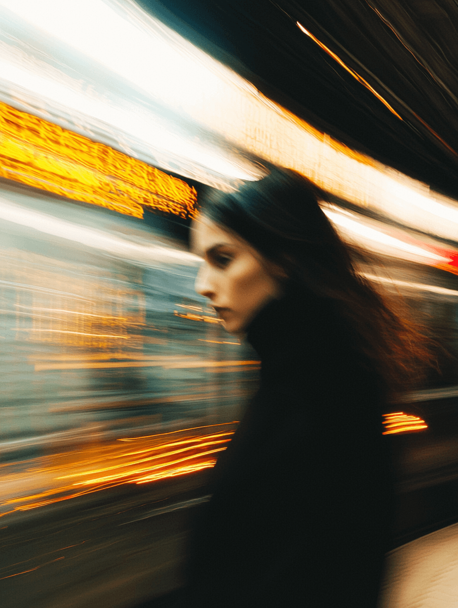 AI generated: A blurry photograph of a woman in the subway, with motion blur and a blurry background. This street ...