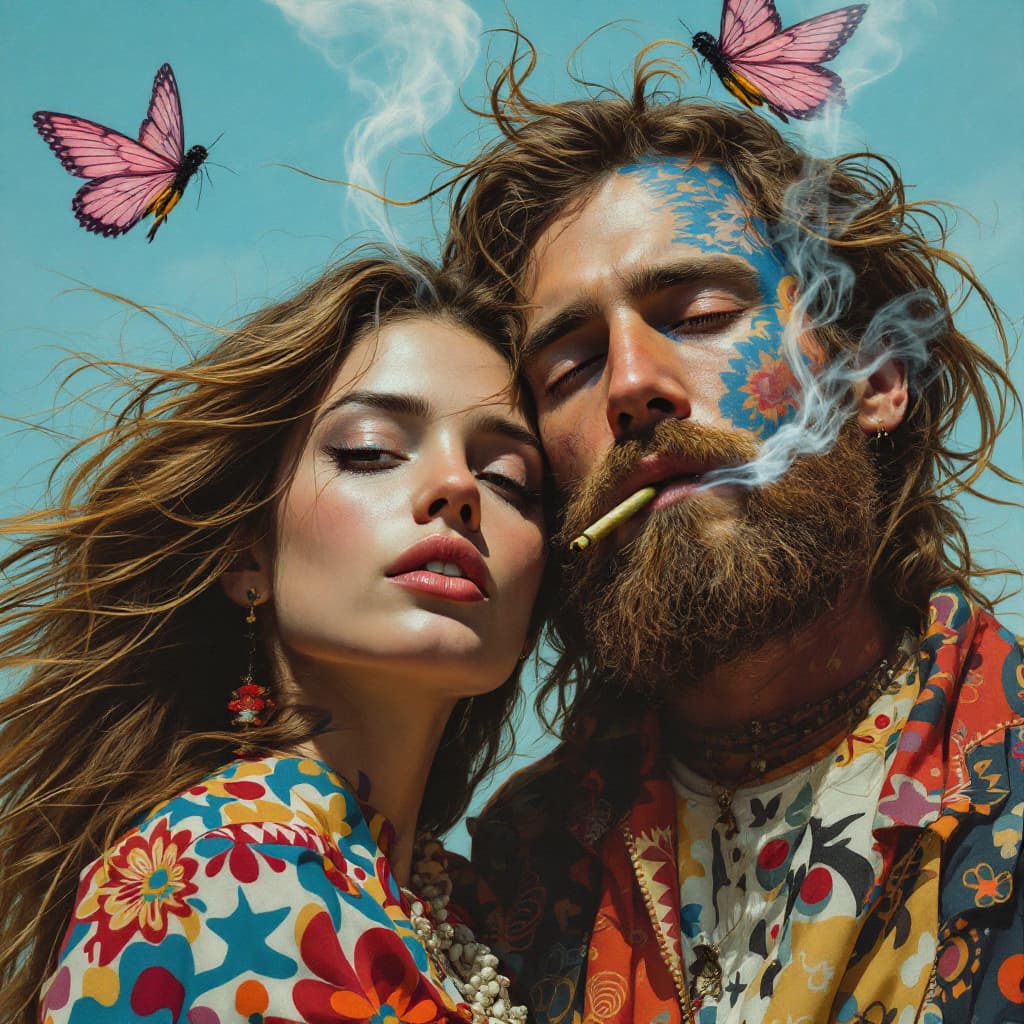 AI generated: A hippy girl and her hippy boyfriend from the 60's. Highly detailed. Their hair blowing in the wind....