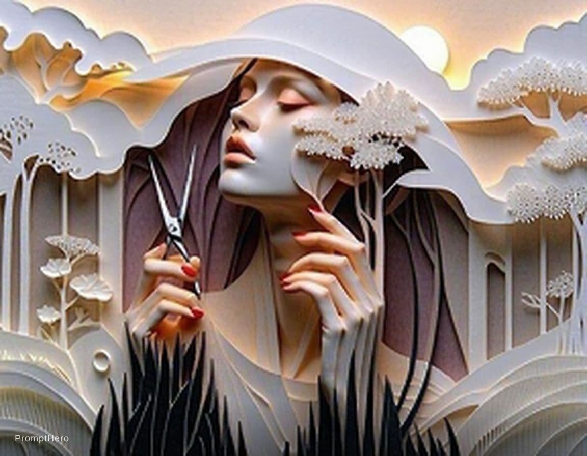 AI generated: Papercutting Art, Delicate Forms, Layered Paper, Intricate, Woman Holding Scissors Cutting, Precise ...