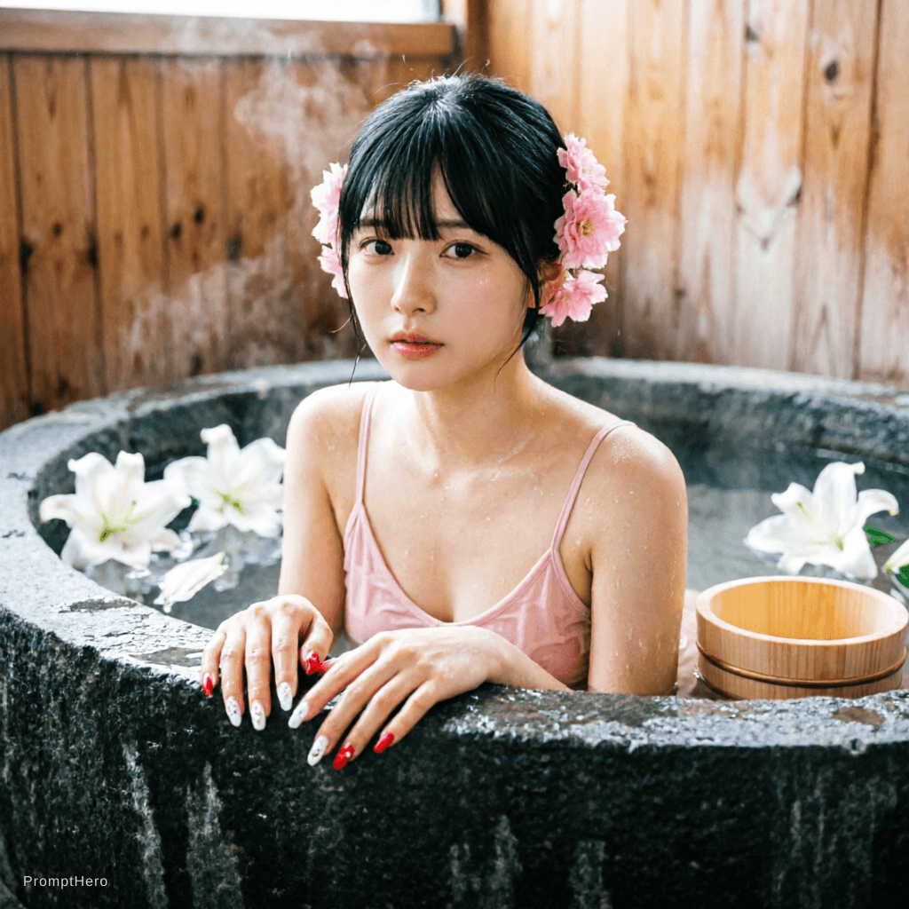 AI generated: 一张高品质、超写实的肖像：一位美丽的年轻中国女子正泡在一座大型深色粗犷石砌浴缸中。她拥有白皙而 luminous（如发光般）的肌肤，乌黑柔顺的长发配以整齐刘海，耳后别着几朵柔和的粉色花朵。她身穿一件细...