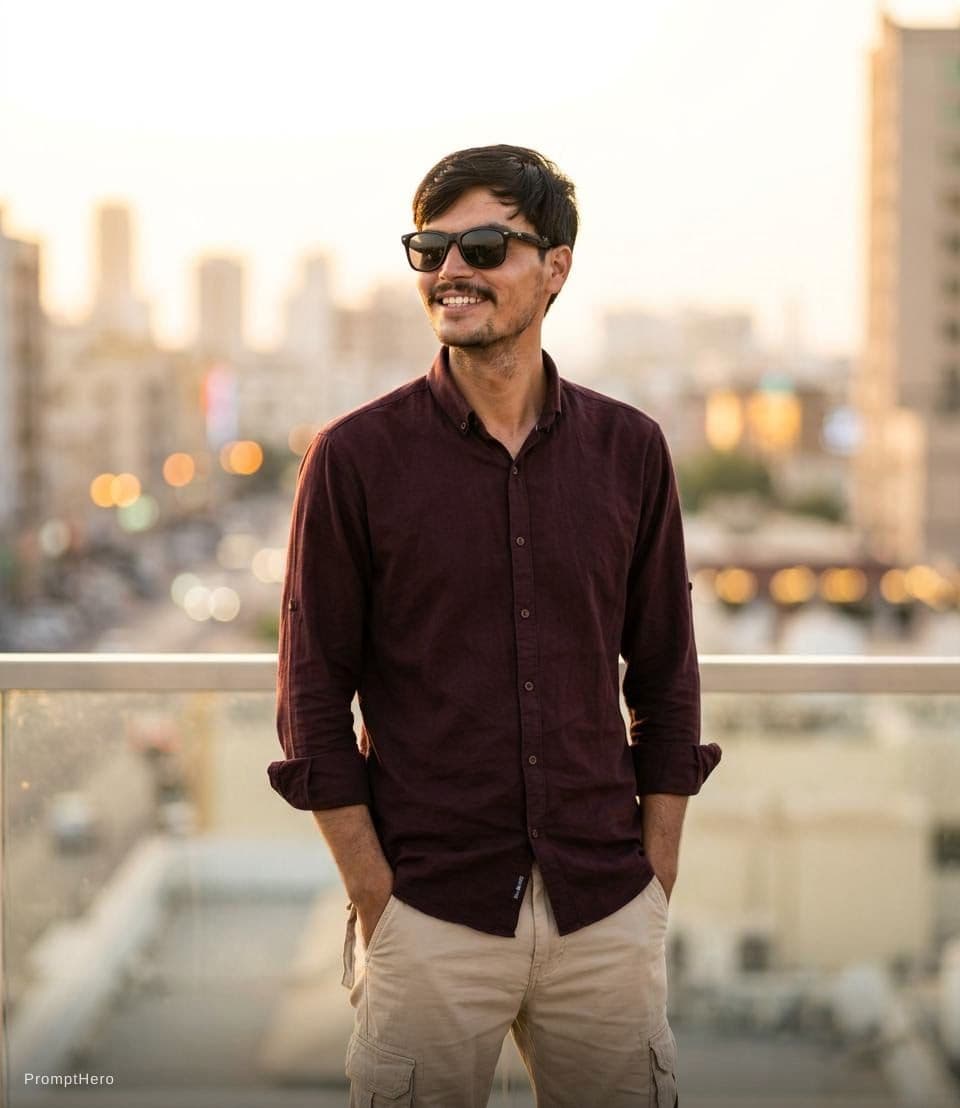 AI generated: A stylish handsome young man standing on a rooftop balcony during golden hour sunset, wearing a dark...