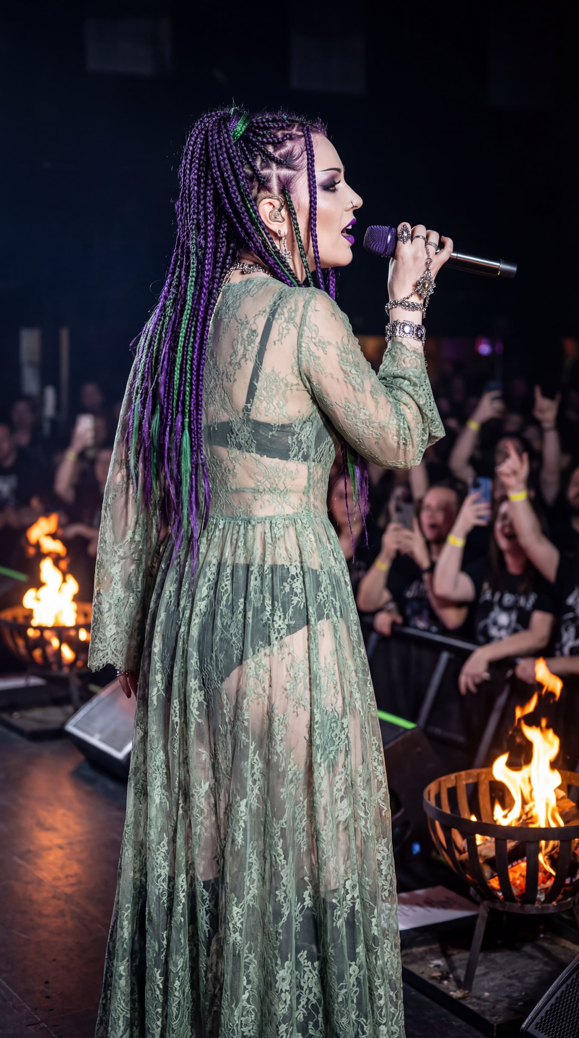 AI generated: The image depicts a powerful moment on stage, showcasing a beautiful, pale ivory skin toned, goth fe...