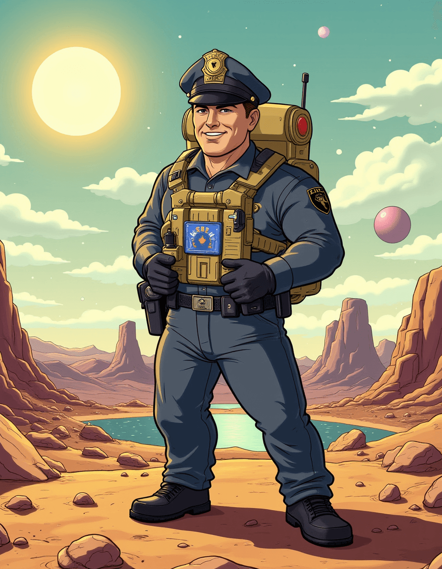AI generated: futuristic police man, on a strange planet, sunny, funny toons