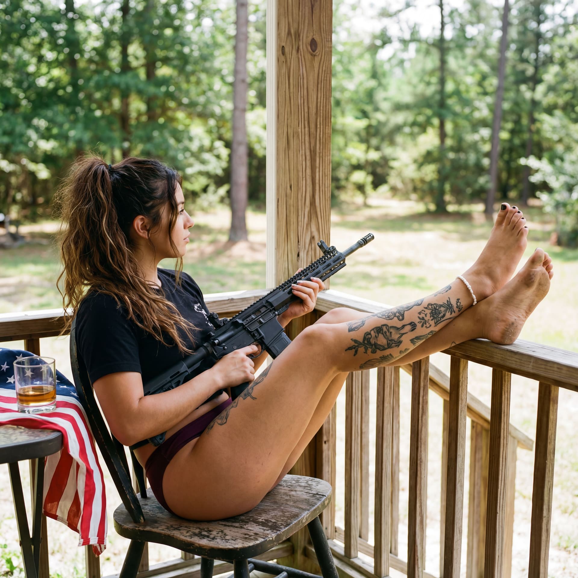 AI generated: Gorgeous young woman, Latina, full body shot, cute bare feet, black pedicure, white anklet, perfect ...