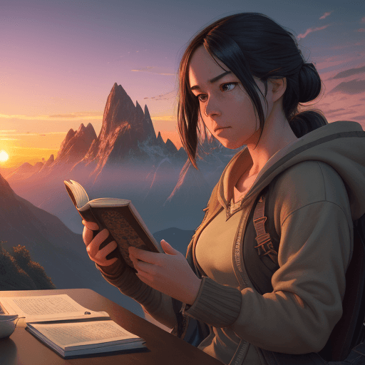 AI generated: Photo of a woman reading an ultra-realistic book, spectacular light, colorful sunrise, mountains in ...