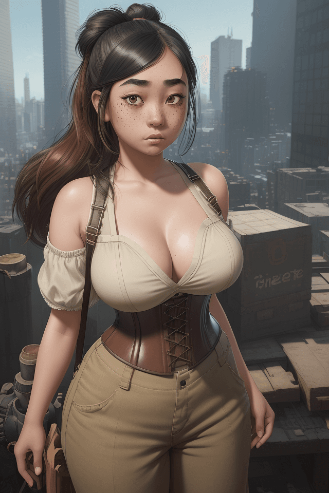 AI generated: (oniisuna), a young Asian girl with a Blinking expression, with lots of freckles on face, thick eyeb...