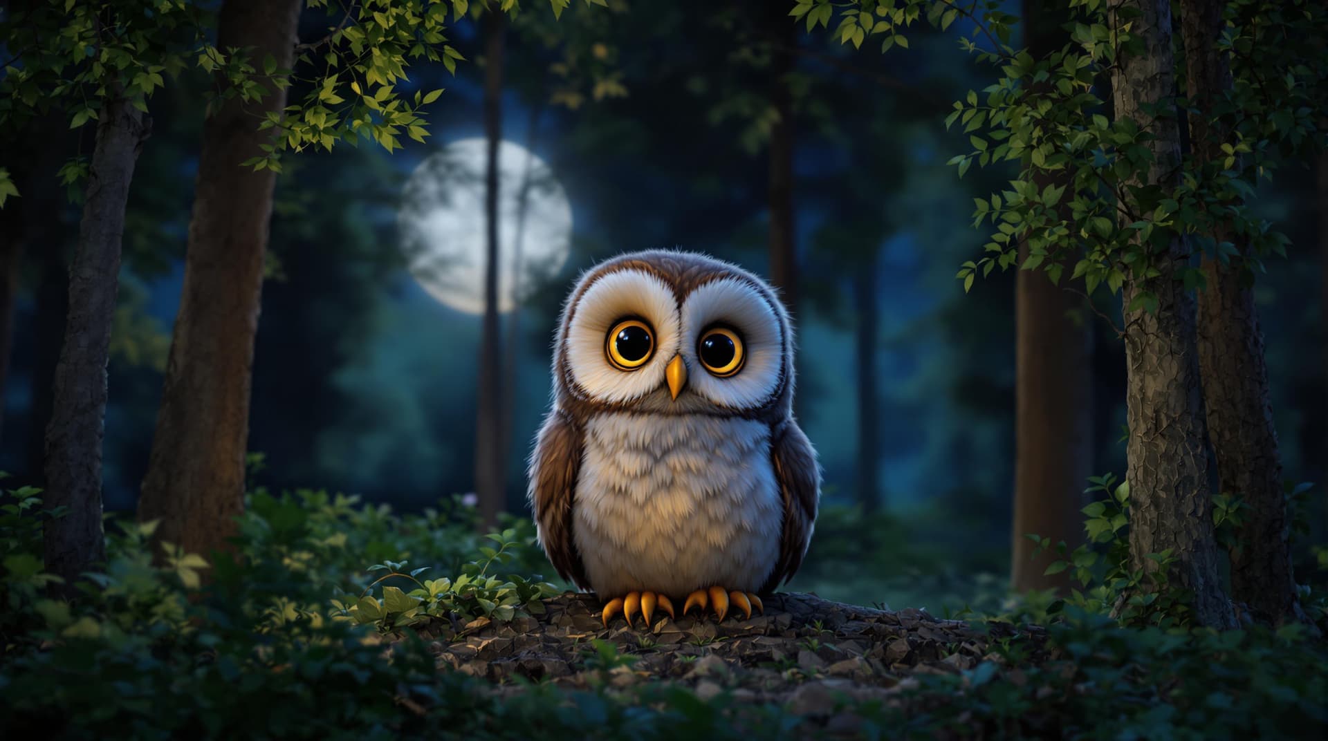 AI generated: fluffy owl sitting in the trees looking at camera, beautiful background, forest, octane render, nigh...