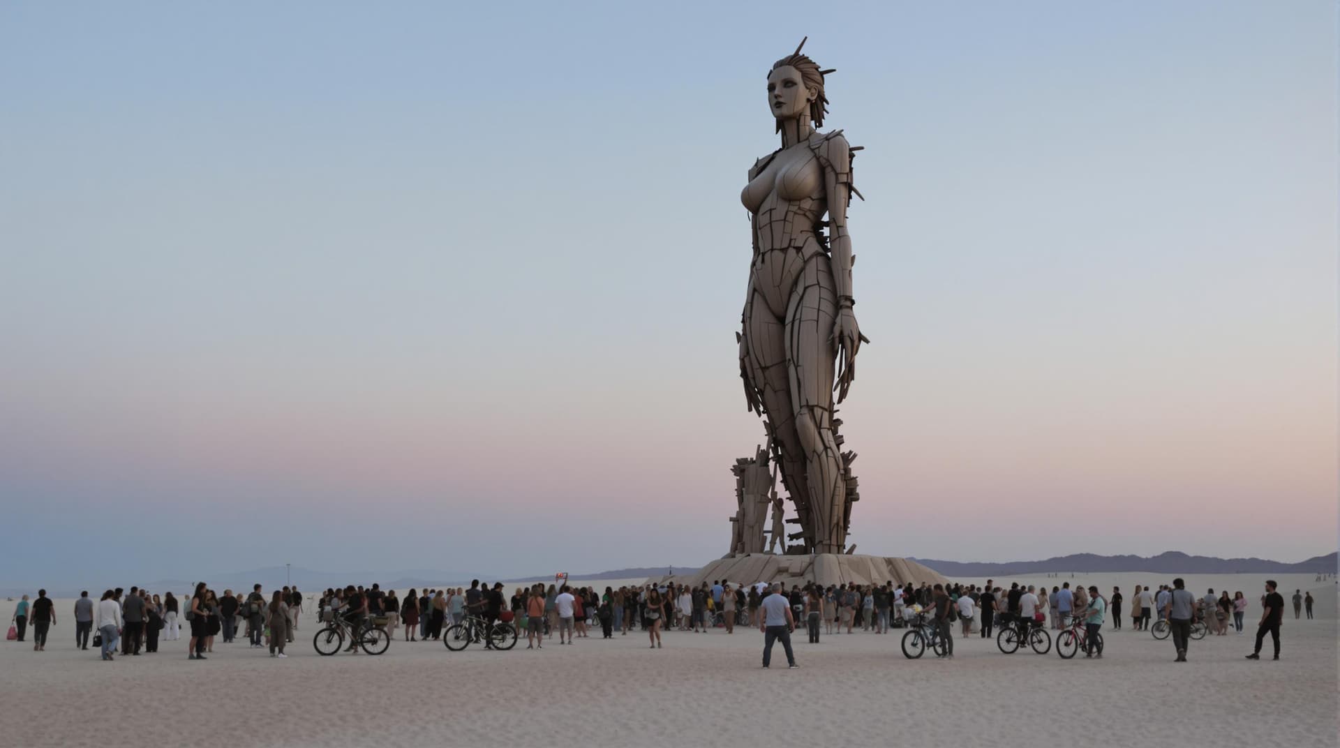 AI generated: The image, in desert punk style, depicts a large, wooden statue of a woman standing in a vast, open ...