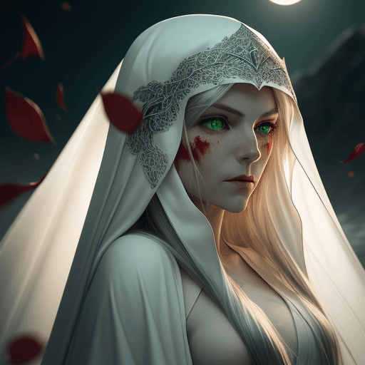 AI generated: Strong female elf, green eyes, long silver hair, white robe, fov, f/1.8, masterpiece, (veil, mouth v...