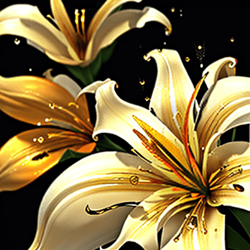 AI generated: minimalist aesthetic image of Forever Susan Asiatic Lilies with gold edges, fluid alcohol ink gold a...