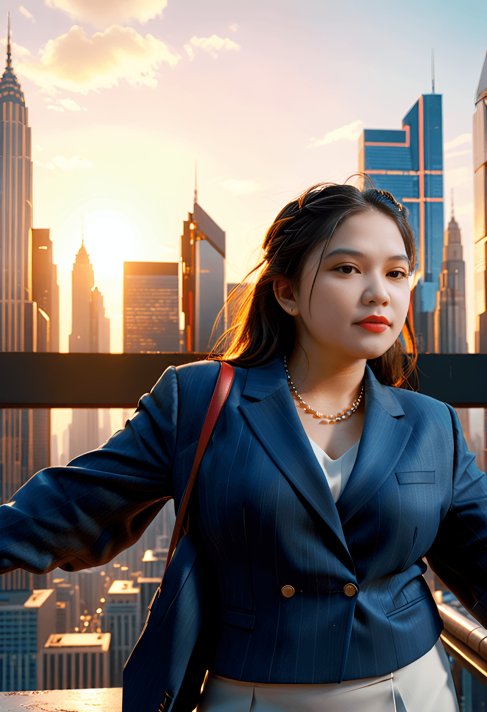 AI generated: A stunning, high-octane render of a young girl standing confidently, is dressed in a tailored suit, ...