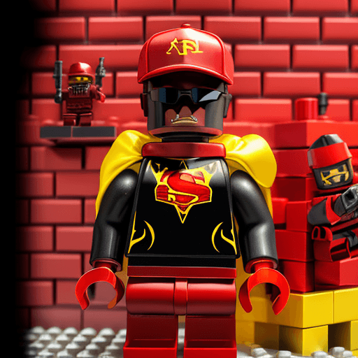 AI generated: A blackman, with a red baseball cap backwards, sunglasses, in a red metallic dark knight armour suit...