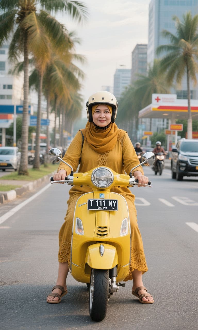 AI generated: Edit the photo to show a beautiful adult woman wearing a mustard yellow hijab and yellow gamis cloth...