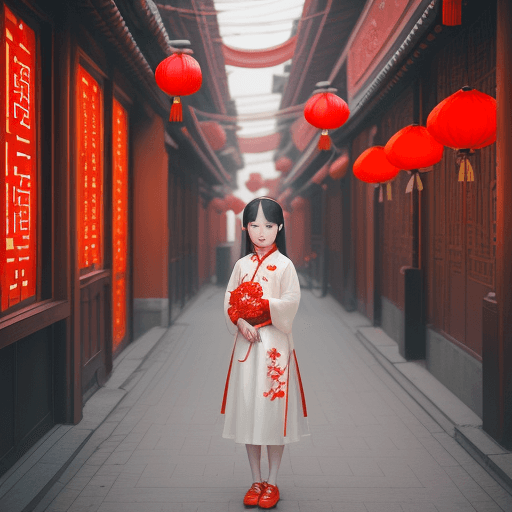 AI generated: girl stands in a red flower surrounded street, in the style of chinese cultural themes, romantic and...