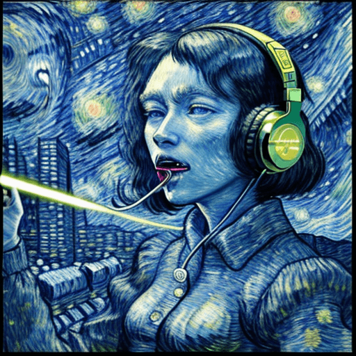 AI generated: Headphone, shooting lasers from its mouth destroying buildings in the style of Van Gogh's Starry Nig...