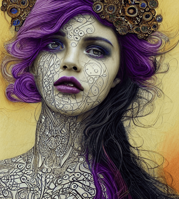 AI generated: coloured pencil drawing, high resolution 8k, Pollock master painter, Byzantine artwork, 
young lady ...