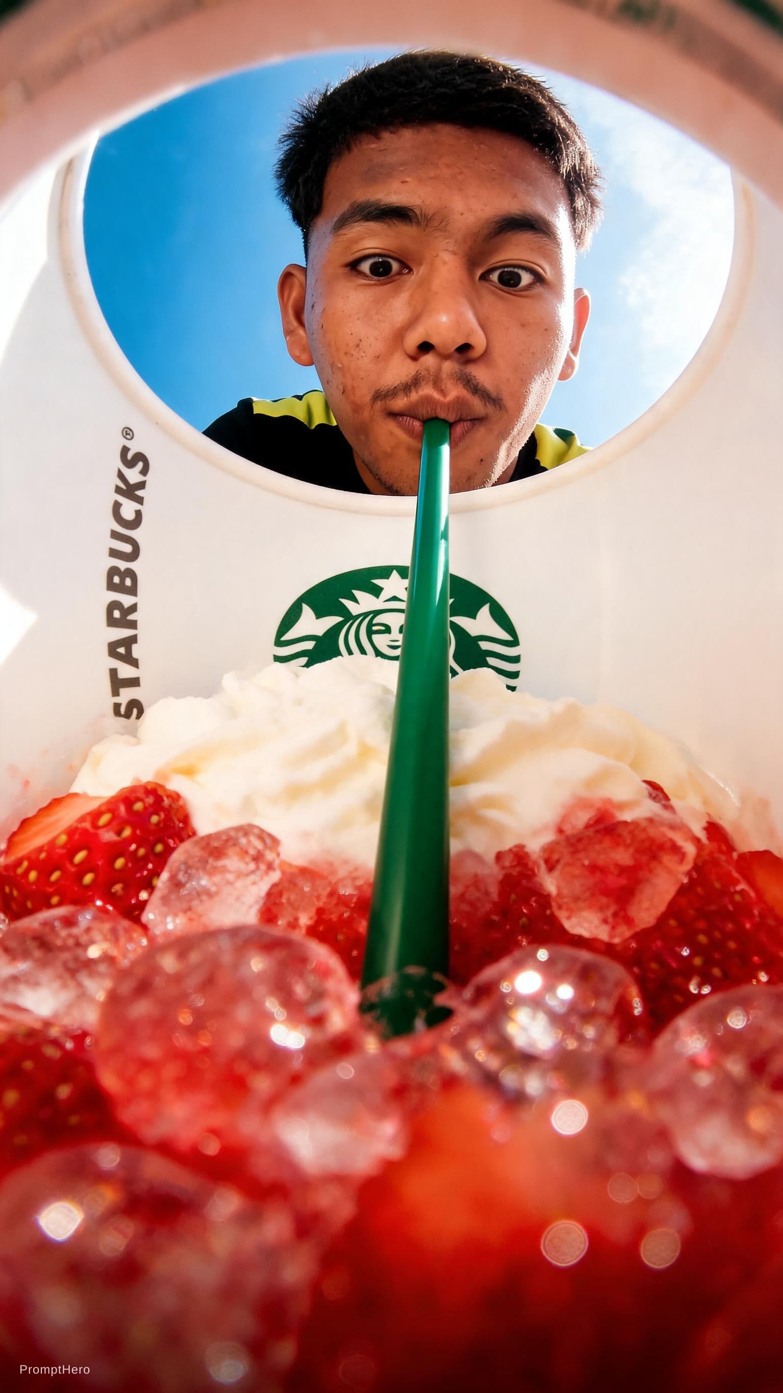 AI generated: {
  "prompt": "View from inside a Starbucks strawberry frappuccino cup looking up, fisheye lens extr...