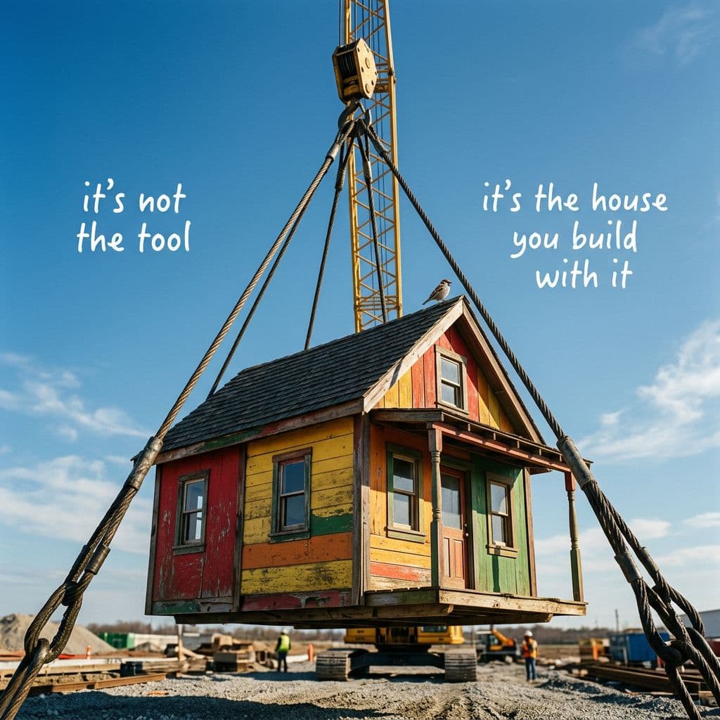 AI generated: A powerful, minimalist commercial photograph of a small, colorful house being lifted mid-air by heav...