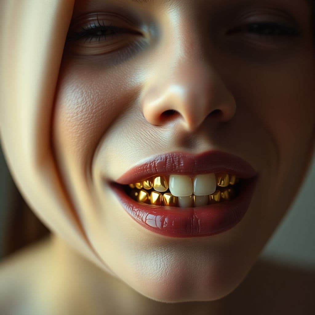 AI generated: a woman with a large jaw and gold teeth, in the style of futuristic minimalism, restrained forms, da...