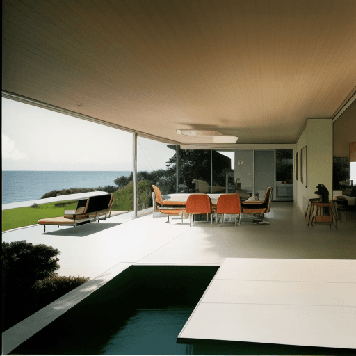 AI generated: Hyper realistic eye level exterior photo of a mid century modern style house overlooking the ocean, ...