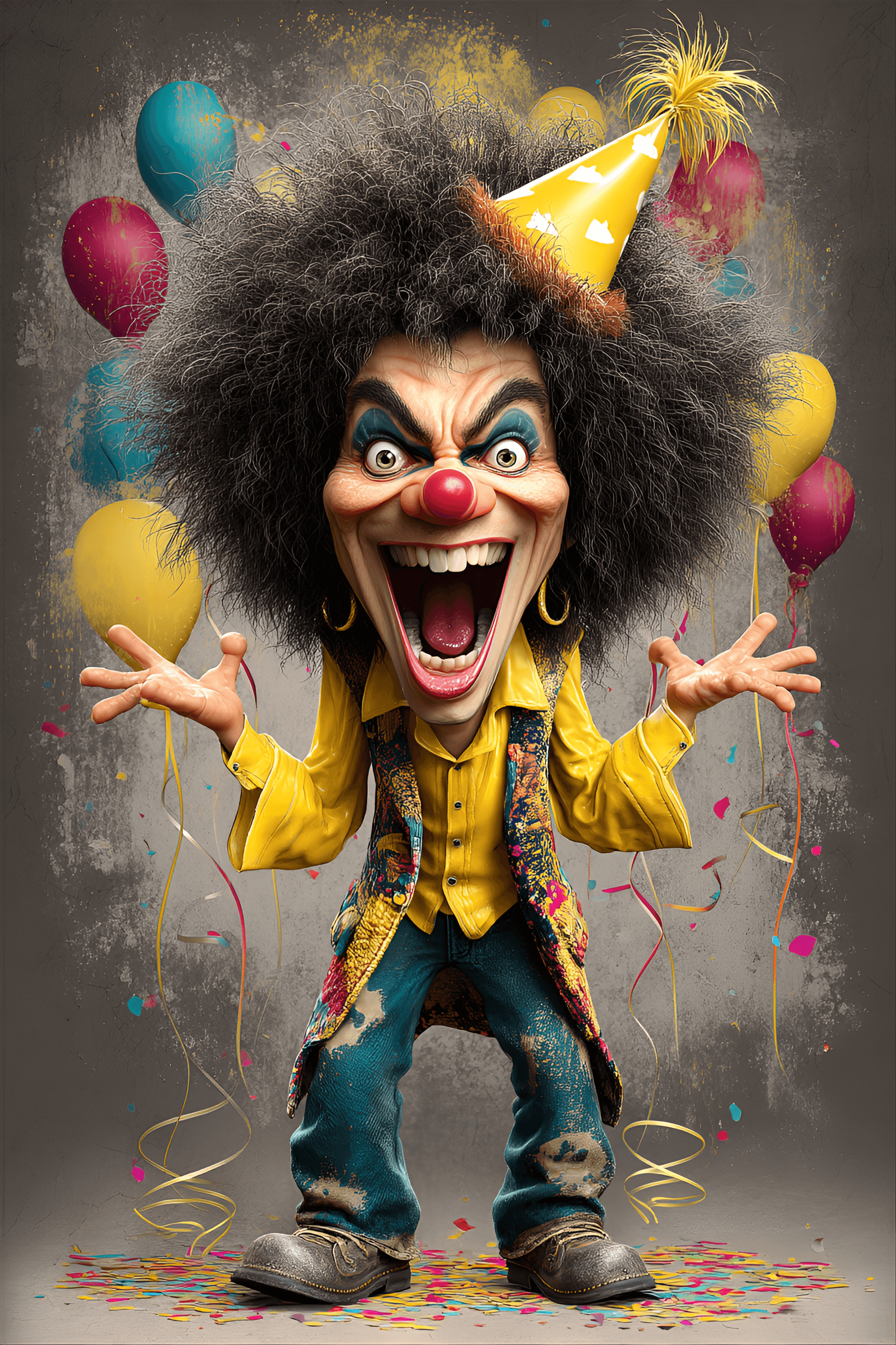 AI generated: funny caricature, manic party clown, 40 years old, wild-eyed, grinning, frizzy-haired, exaggerated e...