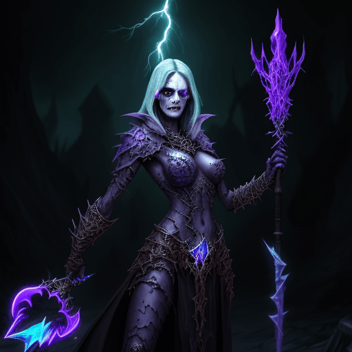 AI generated: An undead necromancer with scales, a staff, lightning background, dark fantasy style, highly detaile...