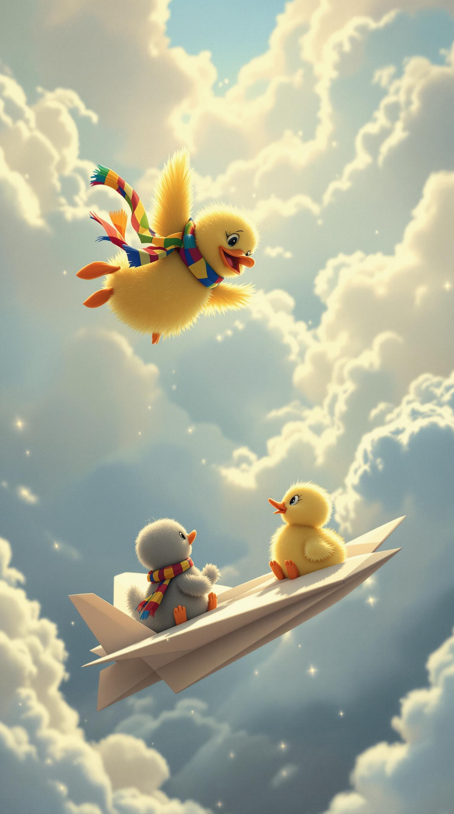 AI generated: A yellow duckling with a colorful scarf is falling from the sky, arms and wings flailing wildly as i...
