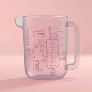 AI generated: Illustrate a measuring cup, against a light pink background to convey a sense of precision, front vi...