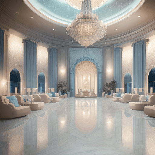 AI generated: High resolution photography of corporate event design, sunken dream room, conversation area, marble ...