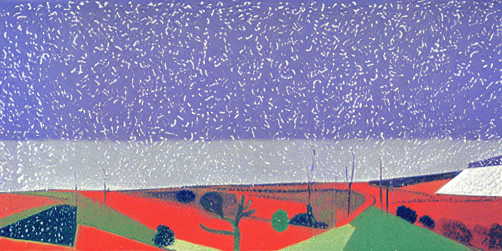 AI generated: Painting by David Hockney,

a god with bolts, a sky during a snowstorm,

