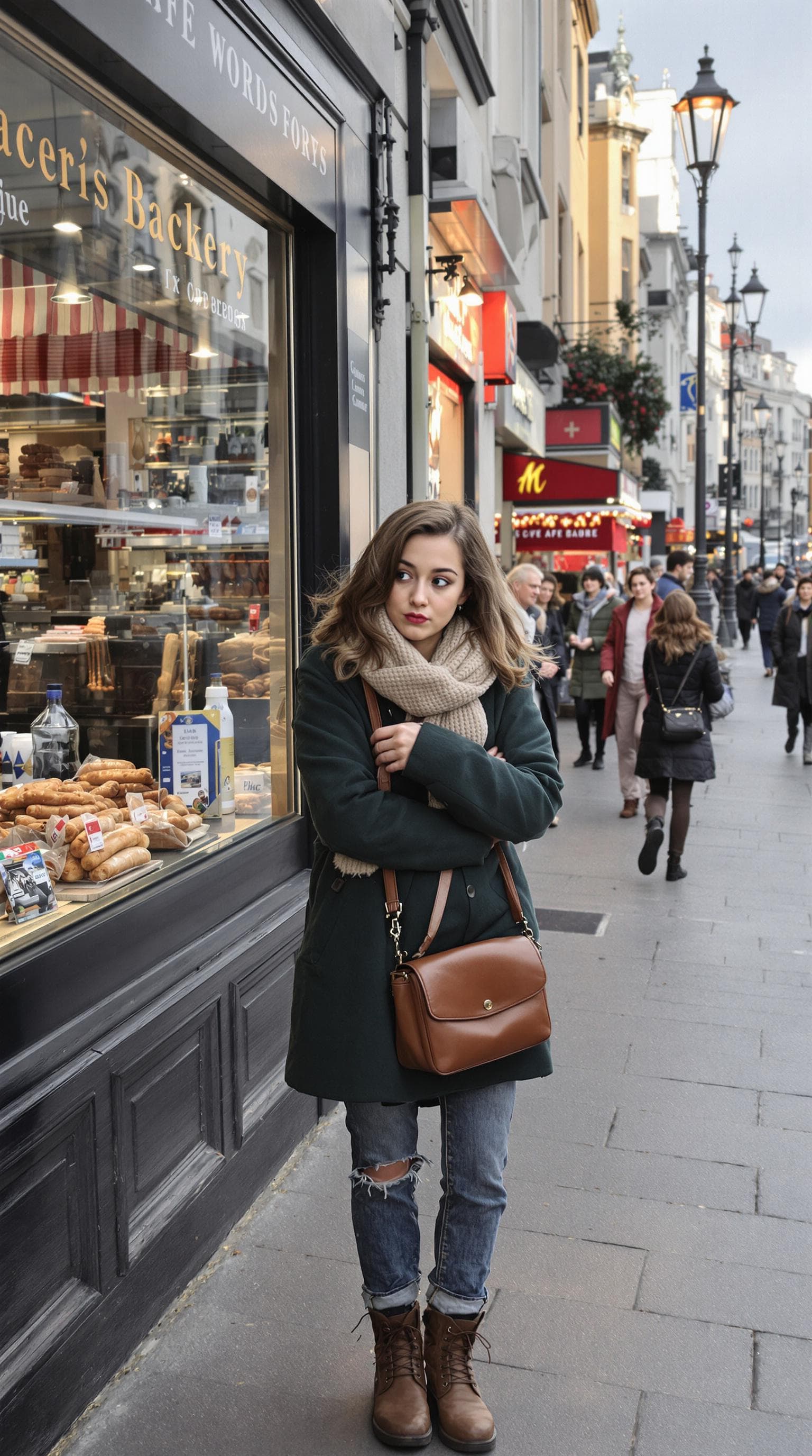 AI generated: The girl is in her early twenties, standing on a bustling European street on a chilly late autumn da...
