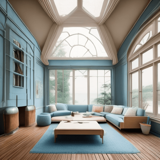 AI generated: High resolution photography interior design, dreamy sunken living room conversation pit, wooden floo...
