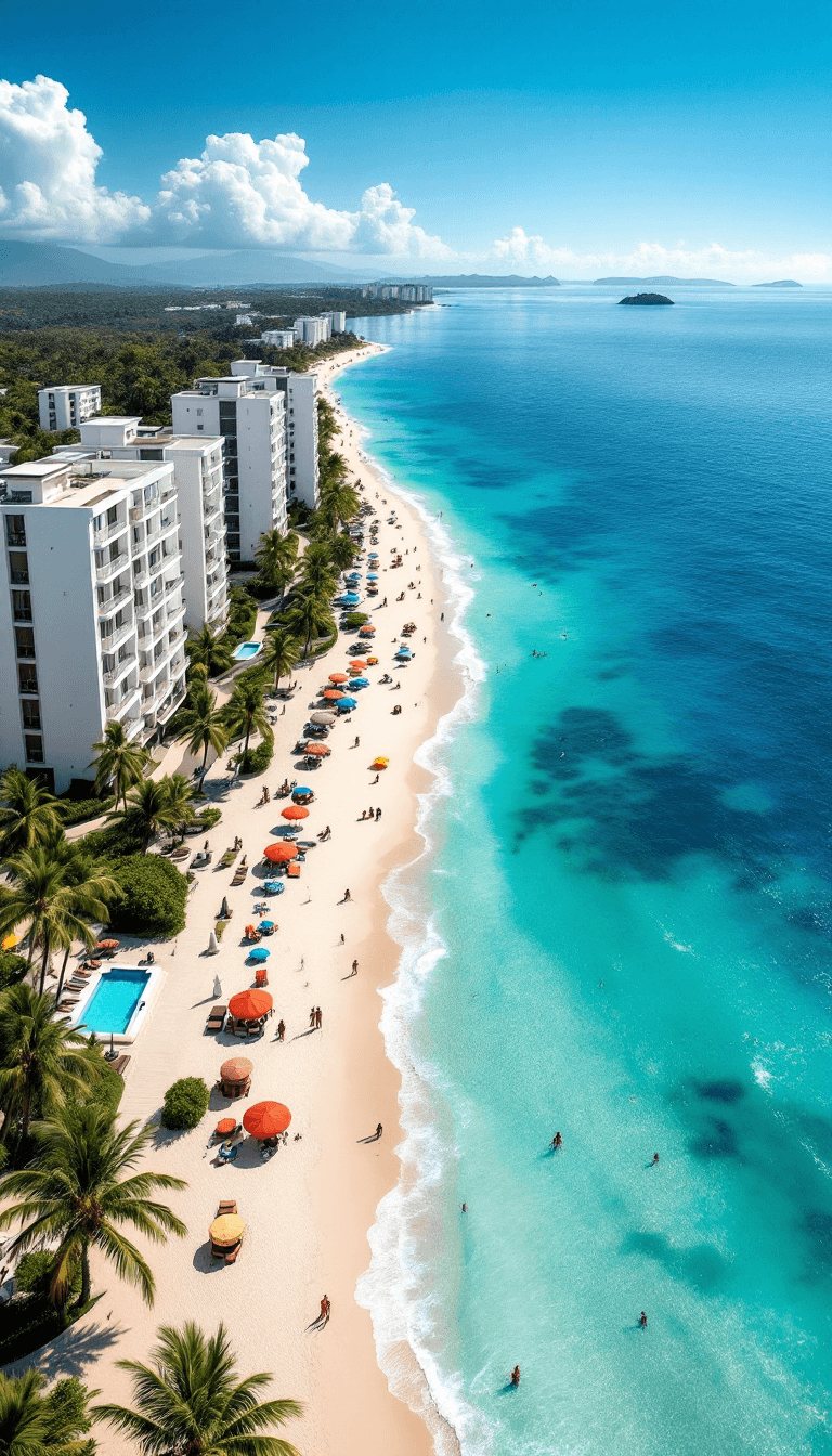 AI generated: An aerial view of a tropical seaside promenade with bright white apartment buildings surrounded by l...
