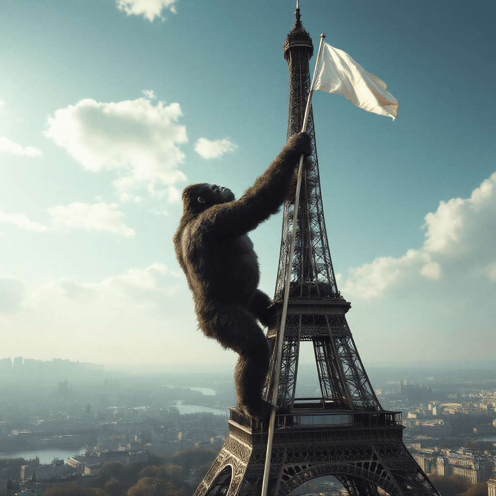 AI generated: king Kong climbing the Eiffel Tower, holding a white flag attached to a metal pole in one hand, in a...