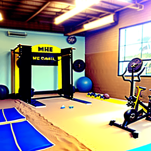 AI generated: indoor muscle beach gym with sand as the floor and beach themed decor. Equipment should into a stati...
