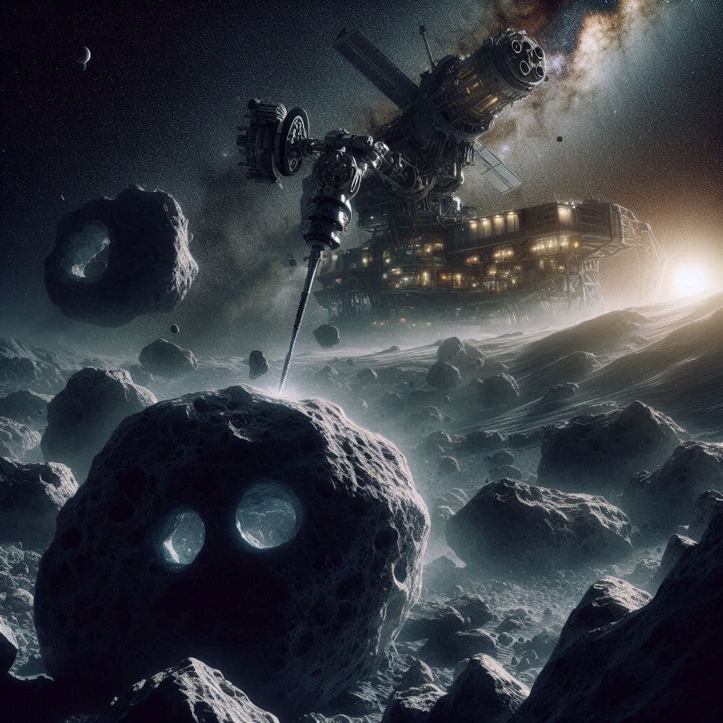 AI generated: An asteroid-lander drilling an asteroid, in the style of realistic hyper-detailed rendering, dark sp...