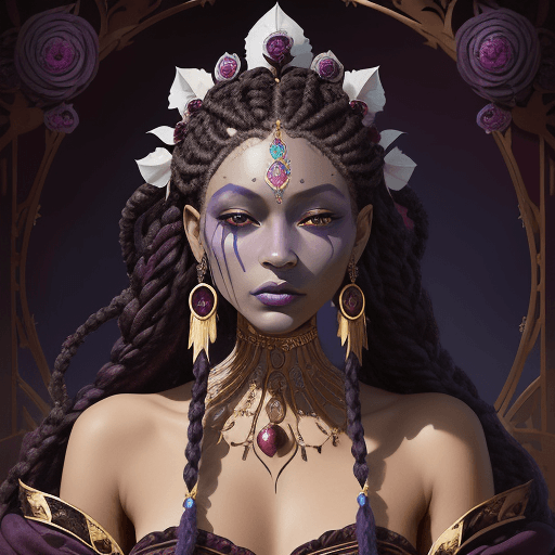 AI generated: "Create an image of a regal and otherworldly character with a Dark burgundy and Sapphire blue comple...