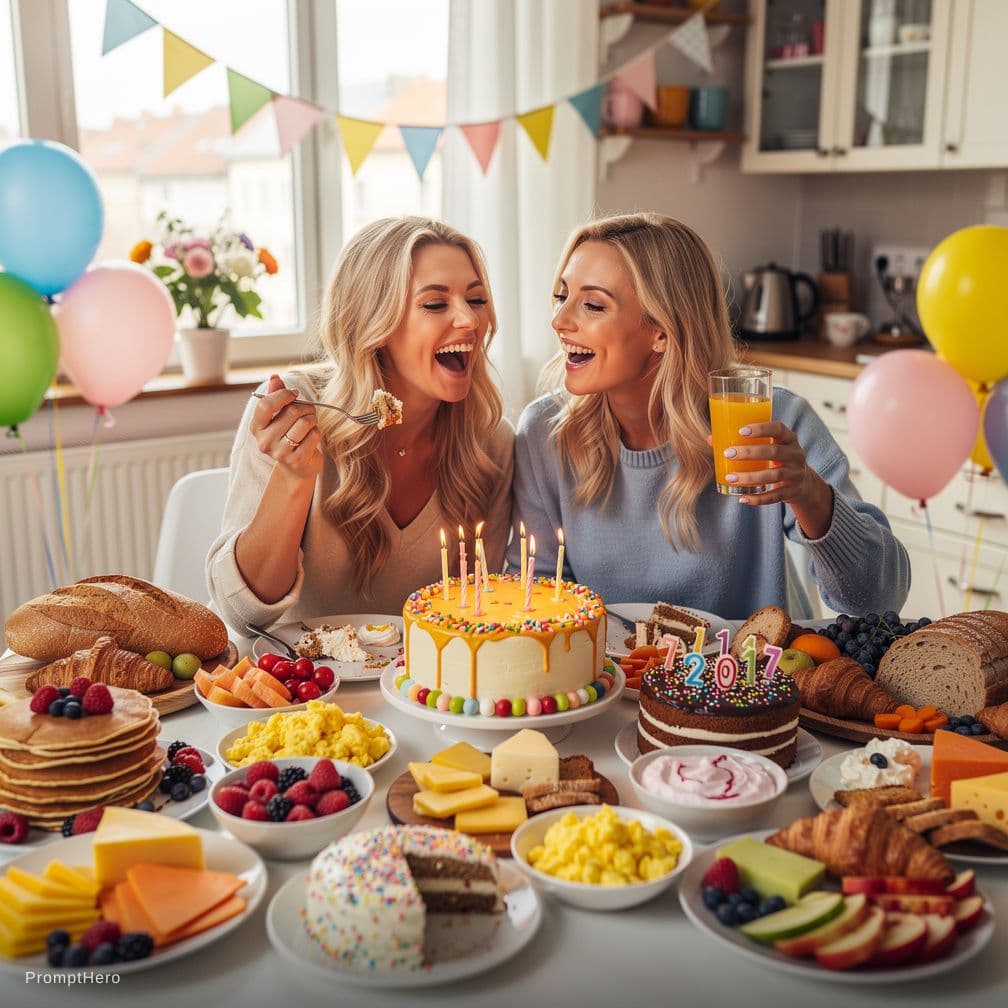 AI generated: two female friends, both blond and german, celebrating birthday over a massive breakfast with lots o...