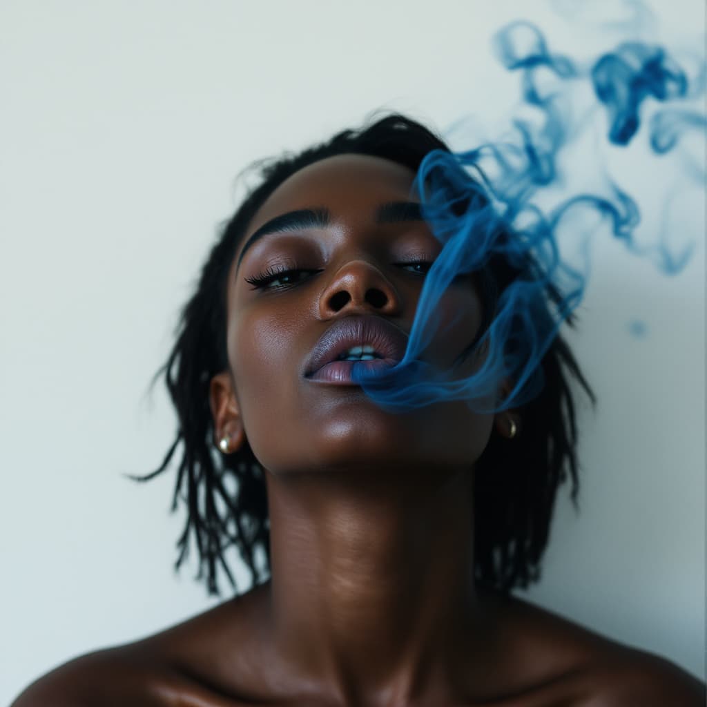 AI generated: close-up of a young black man with dark blue smoke curling from her lips against a stark white backg...