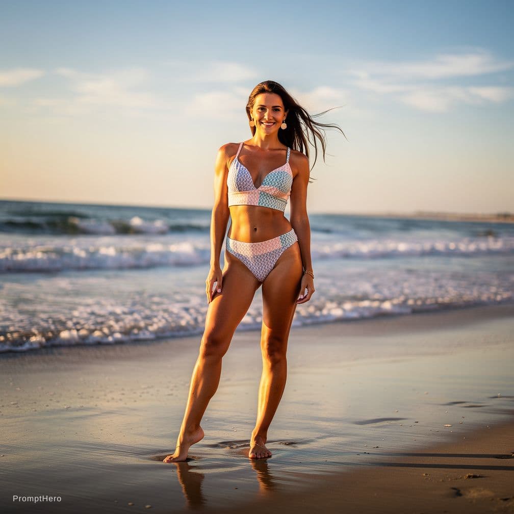AI generated: Anastasia Marzipanoza standing on a beach oiled up wearing a two piece bikini