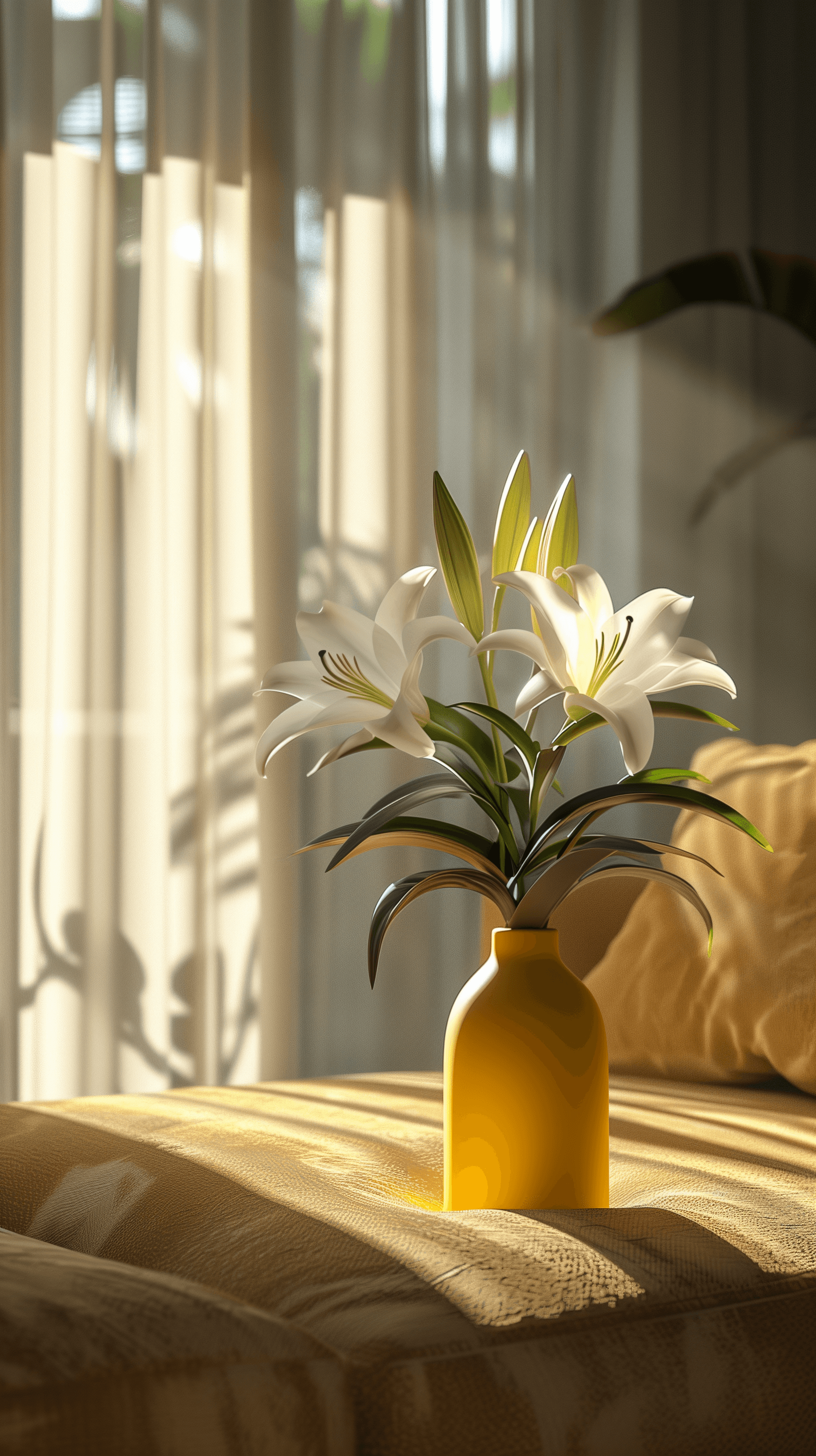 AI generated: photography, modern living room, large window with casting sunlight with soft shadow, realism, yello...